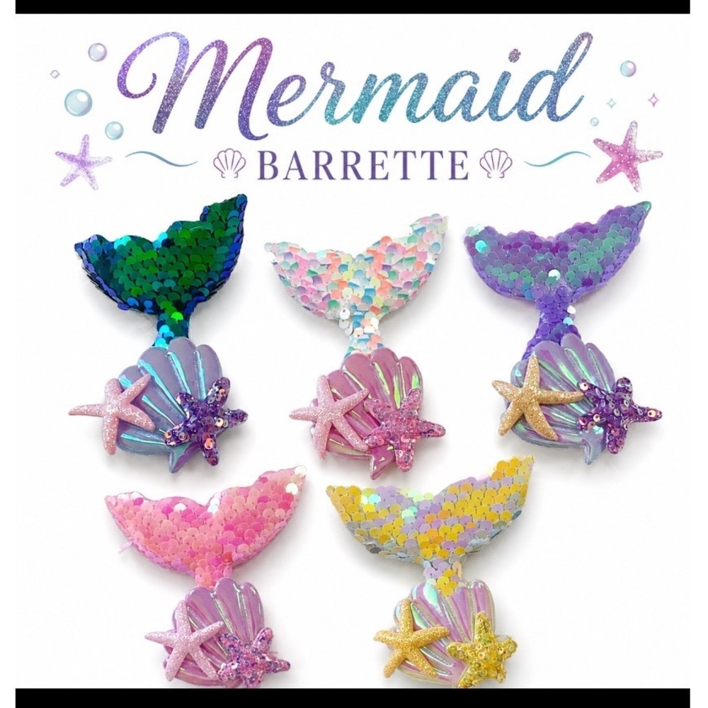 5 pc Mermaid Tail Hair Barrette Sequin Clip Kids Hair Accessory 4 inch